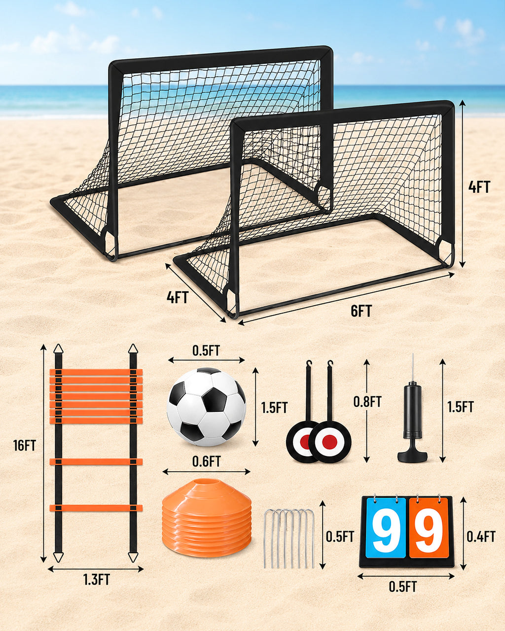 Kids Soccer Goals for Backyard Lawn Beach Set of 2, 6x4ft/4x3ft Portable Soccer Nets, Kids Soccer Net Training Equipment with Soccer Ball, inflator, Ladder, Cones, Targets for Boys & Girls