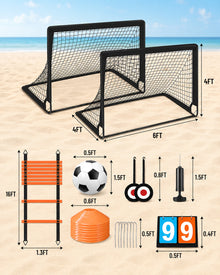 Kids Soccer Goals for Backyard Lawn Beach Set of 2, 6x4ft/4x3ft Portable Soccer Nets, Kids Soccer Net Training Equipment with Soccer Ball, inflator, Ladder, Cones, Targets for Boys & Girls