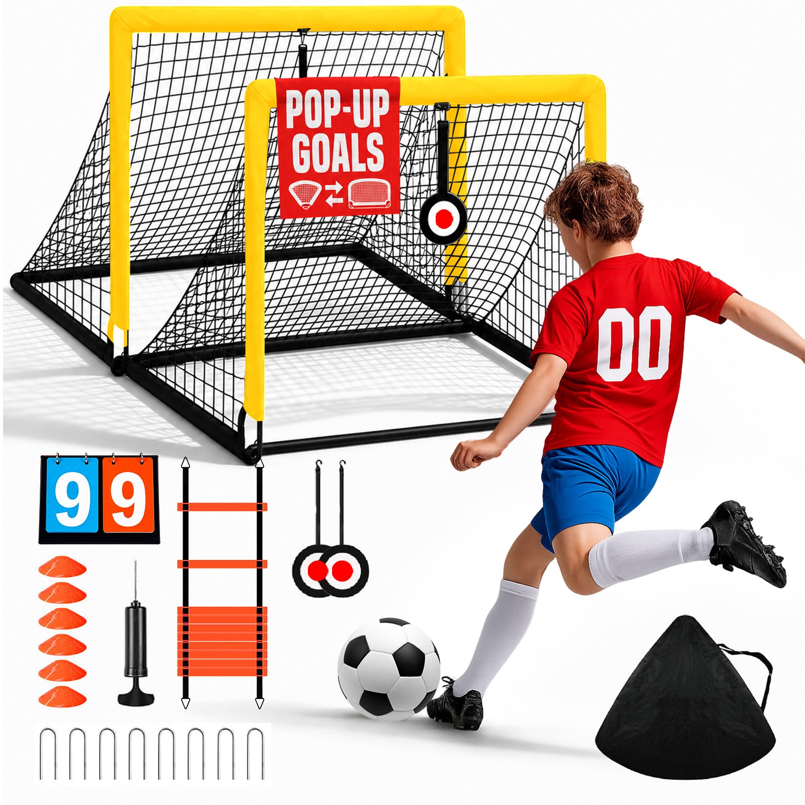 Kids Soccer Goals for Backyard Lawn Beach Set of 2, 6x4ft/4x3ft Portable Soccer Nets, Kids Soccer Net Training Equipment with Soccer Ball, inflator, Ladder, Cones, Targets for Boys & Girls