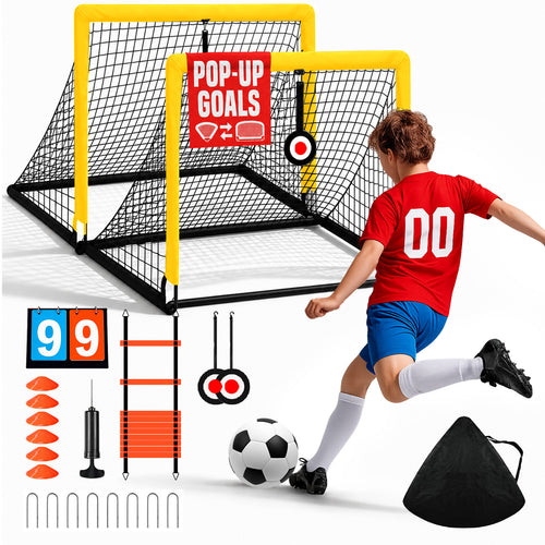 Kids Soccer Goals for Backyard Lawn Beach Set of 2, 6x4ft/4x3ft Portable Soccer Nets, Kids Soccer Net Training Equipment with Soccer Ball, inflator, Ladder, Cones, Targets for Boys & Girls