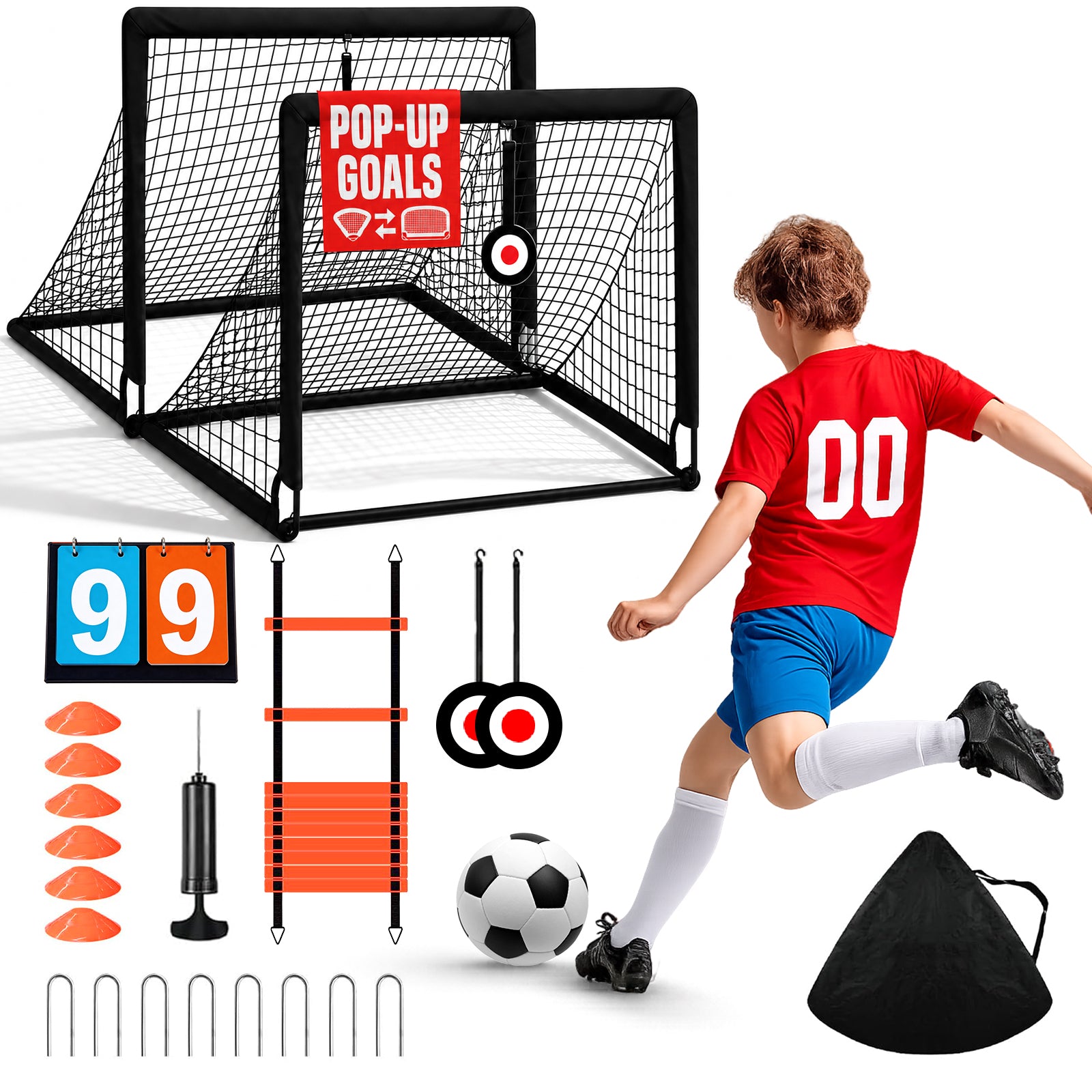 Kids Soccer Goals for Backyard Lawn Beach Set of 2, 6x4ft/4x3ft Portable Soccer Nets, Kids Soccer Net Training Equipment with Soccer Ball, inflator, Ladder, Cones, Targets for Boys & Girls